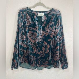 Anthropologie Faustine Floral Velvet Peasant Blouse Women’s Small Cottagecore